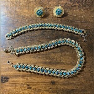 Trifari Blue aurora Borealis Necklace Earrings Bracelet Set 1950’s